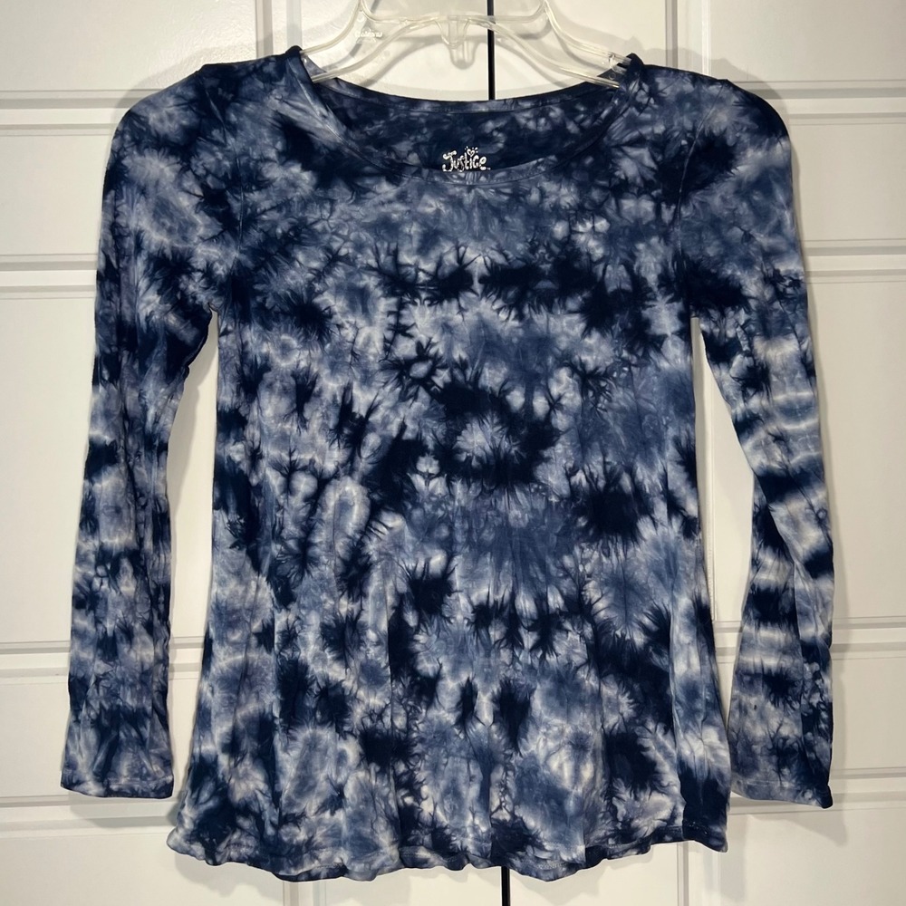 Justice‎ Girls Flowy Long Sleeve Tunic Top Shirt Navy Blue White Tie Dye Size S